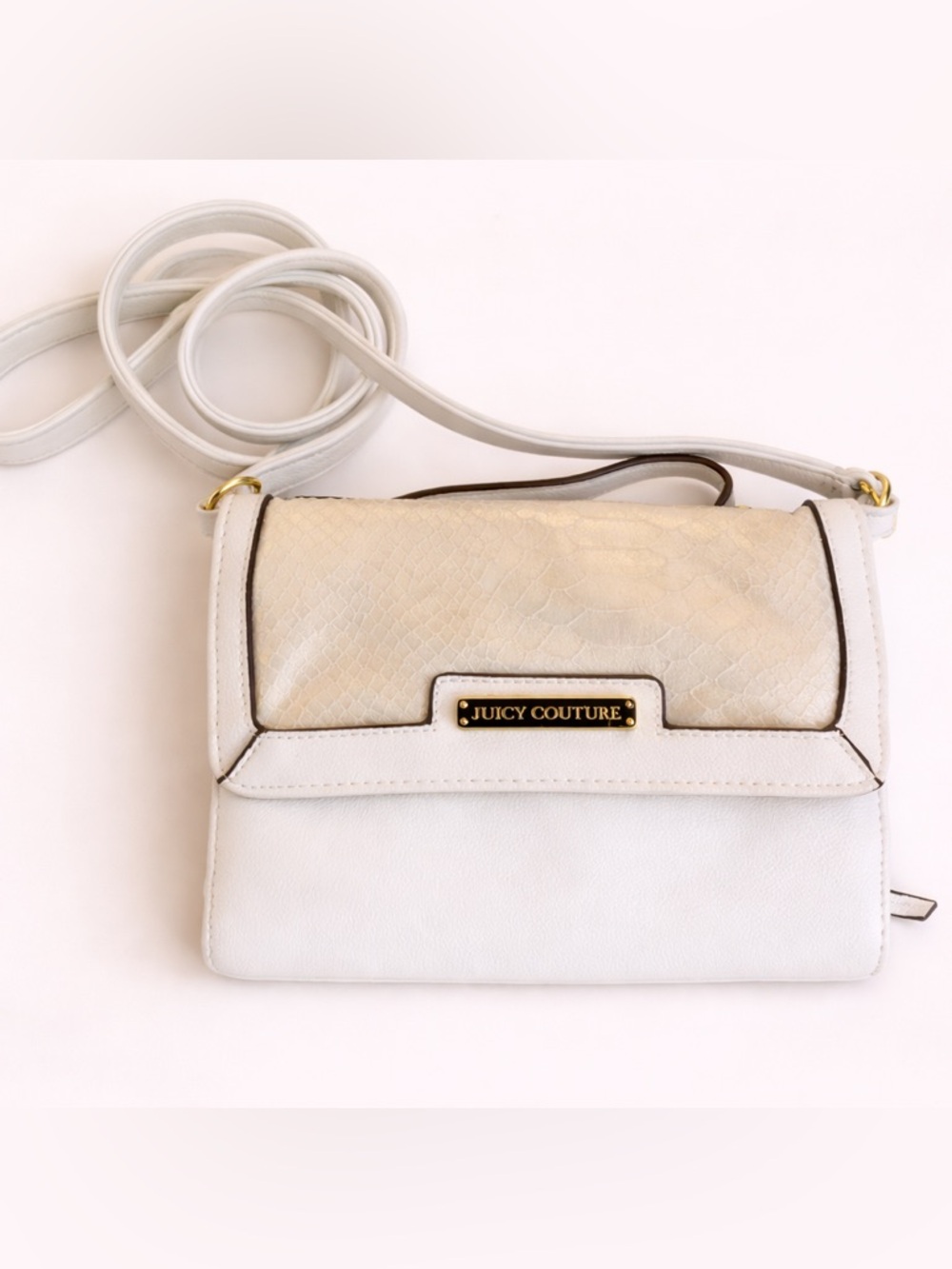 Juicy Couture White & Shimmery Snakeskin Print Textured Flap Crossbody - Small